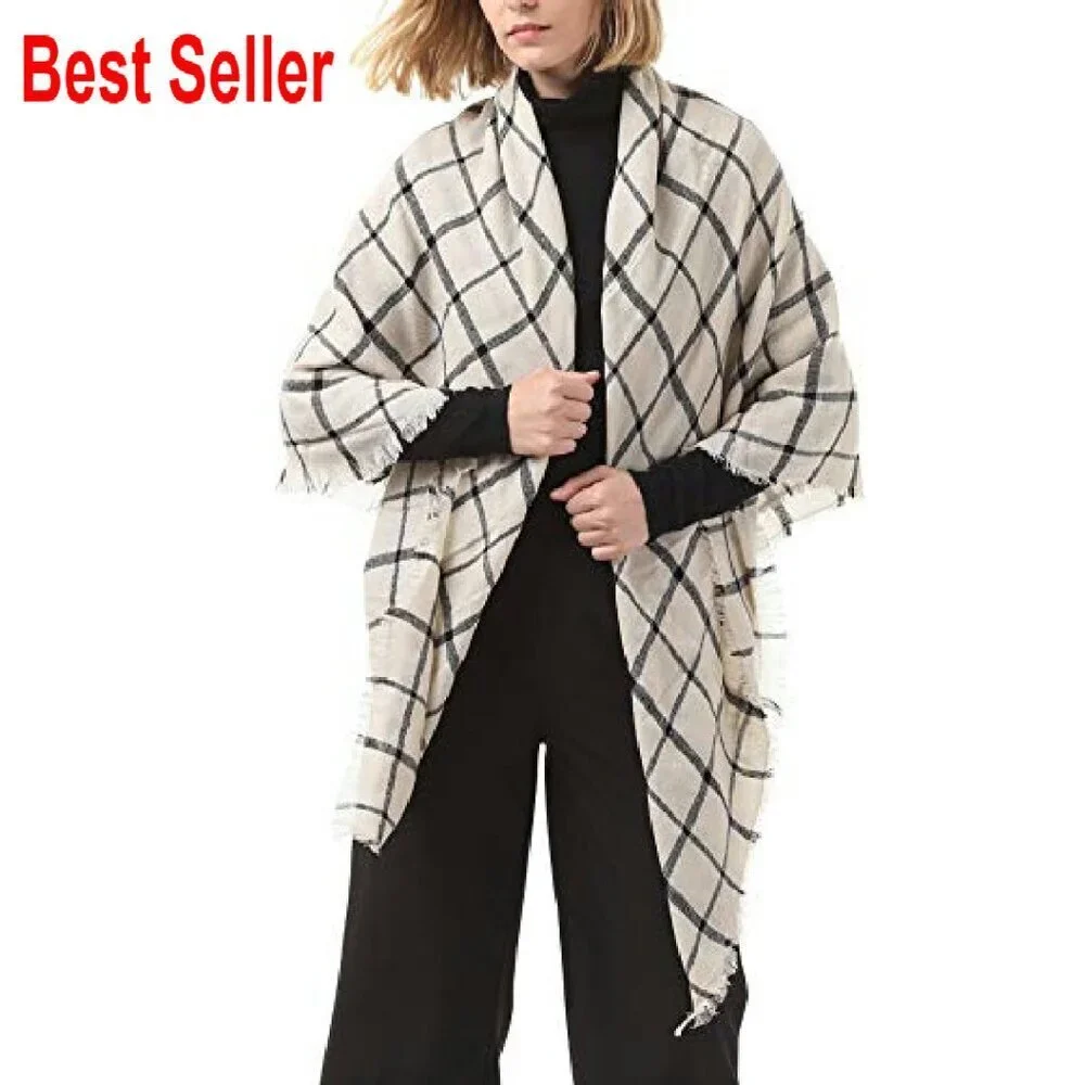 Oversized Plaid Blanket Scarf Cashmere-Like Acrylic Wrap Shawl Chic